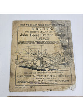Vintage John Deere Tractor Binder 8 & 10 Foot Operator Parts Manual Booklet...